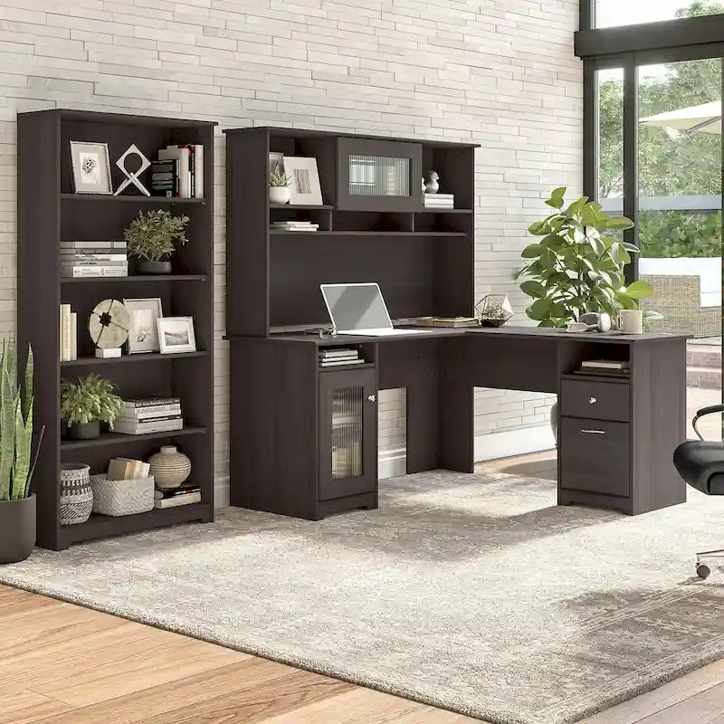 Bureau d'angle informatique 60W avec huche et bibliothèque