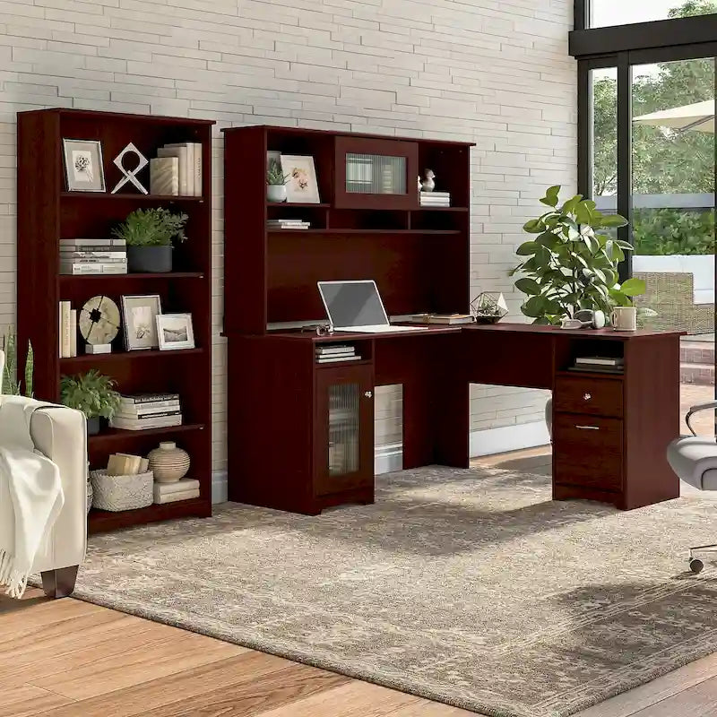 Bureau d'angle informatique 60W avec huche et bibliothèque