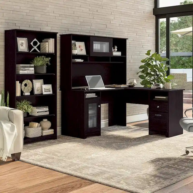 Bureau d'angle informatique 60W avec huche et bibliothèque