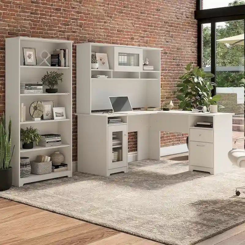 Bureau d'angle informatique 60W avec huche et bibliothèque