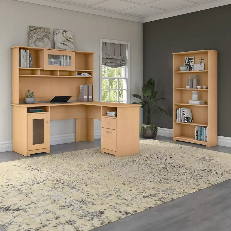 Bureau d'angle informatique 60W avec huche et bibliothèque