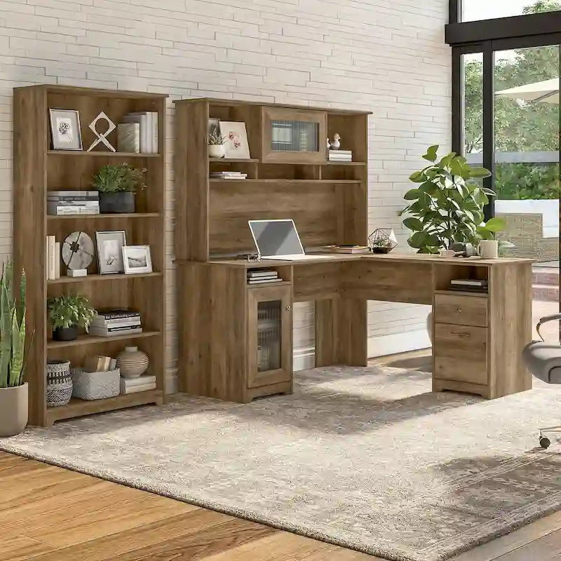 Bureau d'angle informatique 60W avec huche et bibliothèque