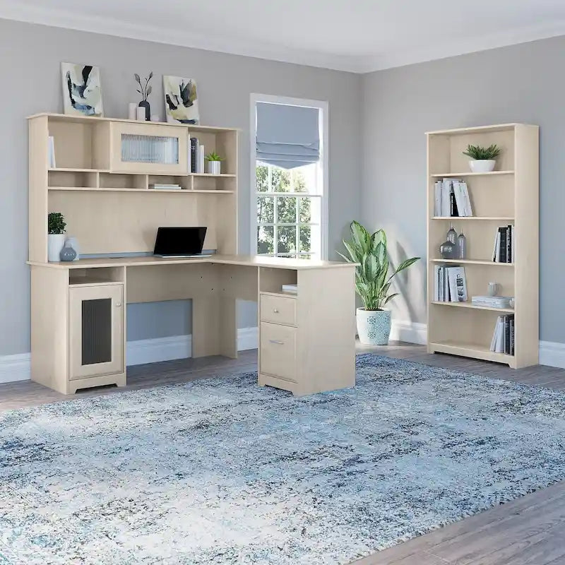 Bureau d'angle informatique 60W avec huche et bibliothèque