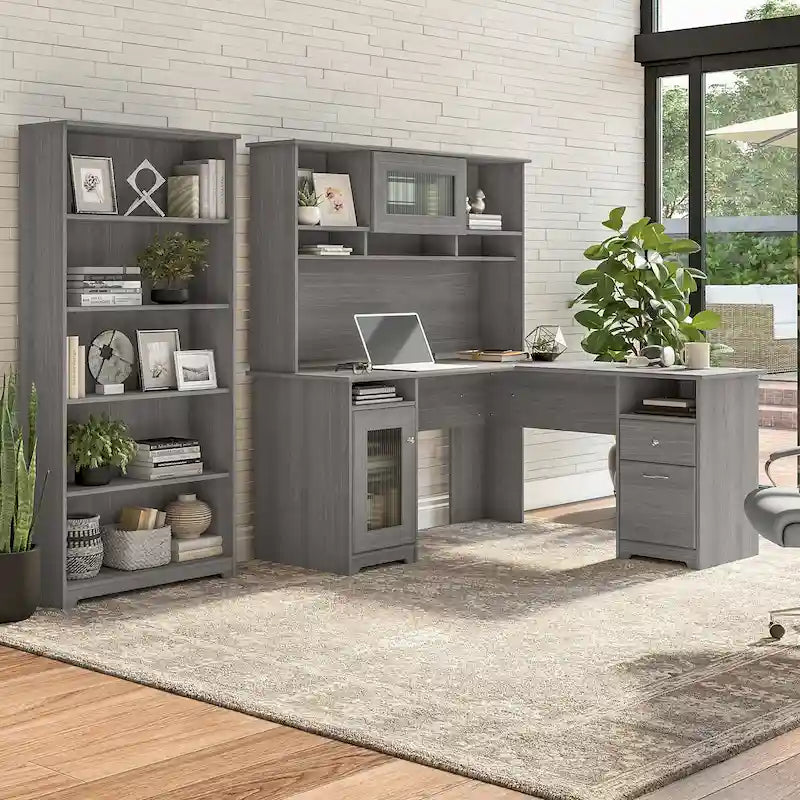 Bureau d'angle informatique 60W avec huche et bibliothèque