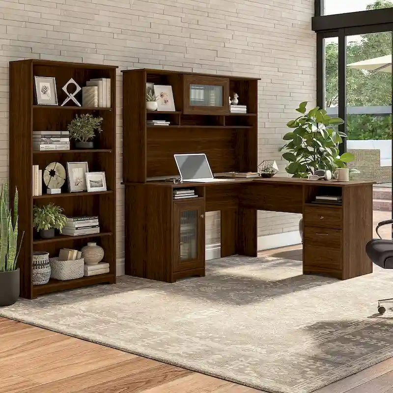 Bureau d'angle informatique 60W avec huche et bibliothèque