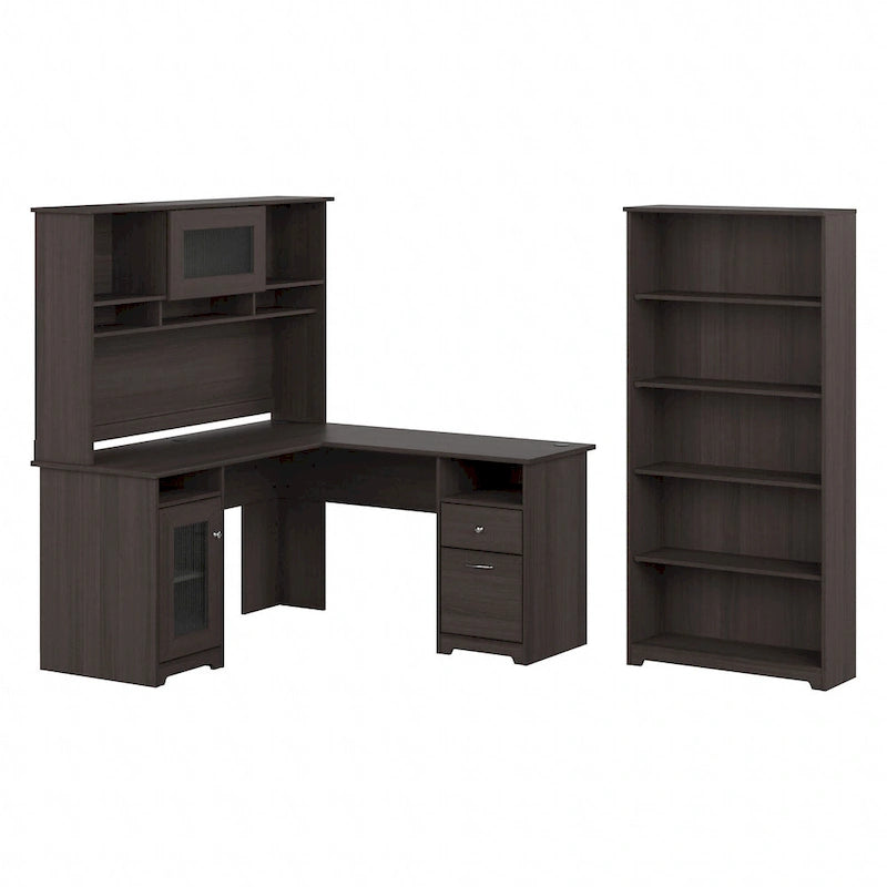 Bureau d'angle informatique 60W avec huche et bibliothèque