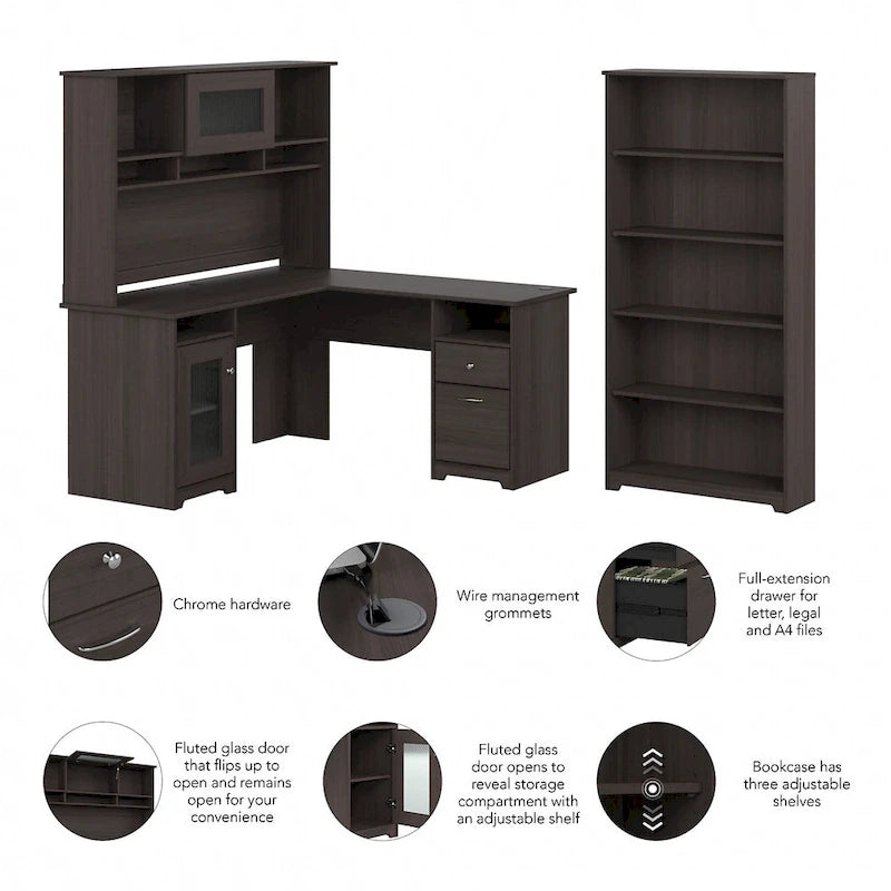 Bureau d'angle informatique 60W avec huche et bibliothèque