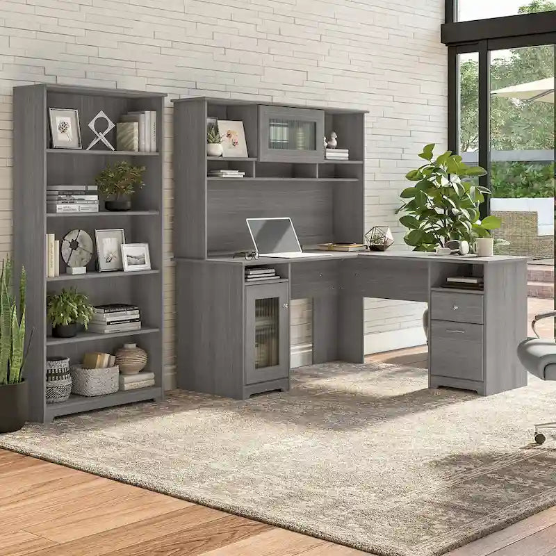 Bureau d'angle informatique 60W avec huche et bibliothèque