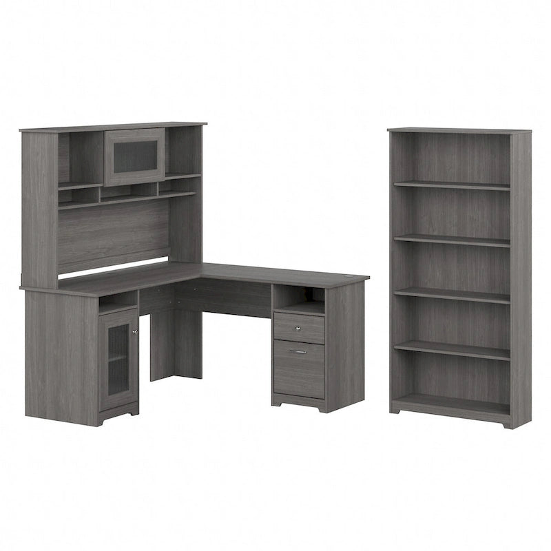 Bureau d'angle informatique 60W avec huche et bibliothèque