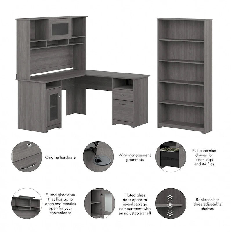 Bureau d'angle informatique 60W avec huche et bibliothèque