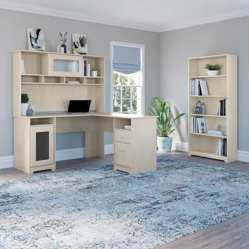 Bureau d'angle informatique 60W avec huche et bibliothèque