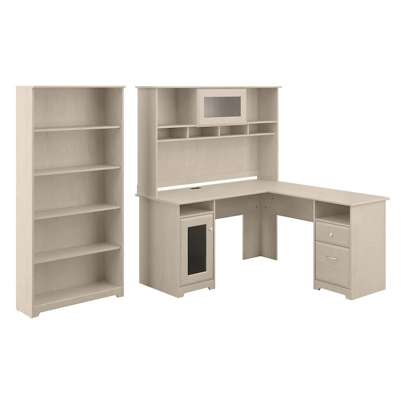 Bureau d'angle informatique 60W avec huche et bibliothèque