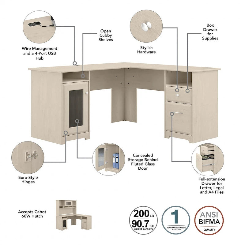 Bureau d'angle informatique 60W avec huche et bibliothèque