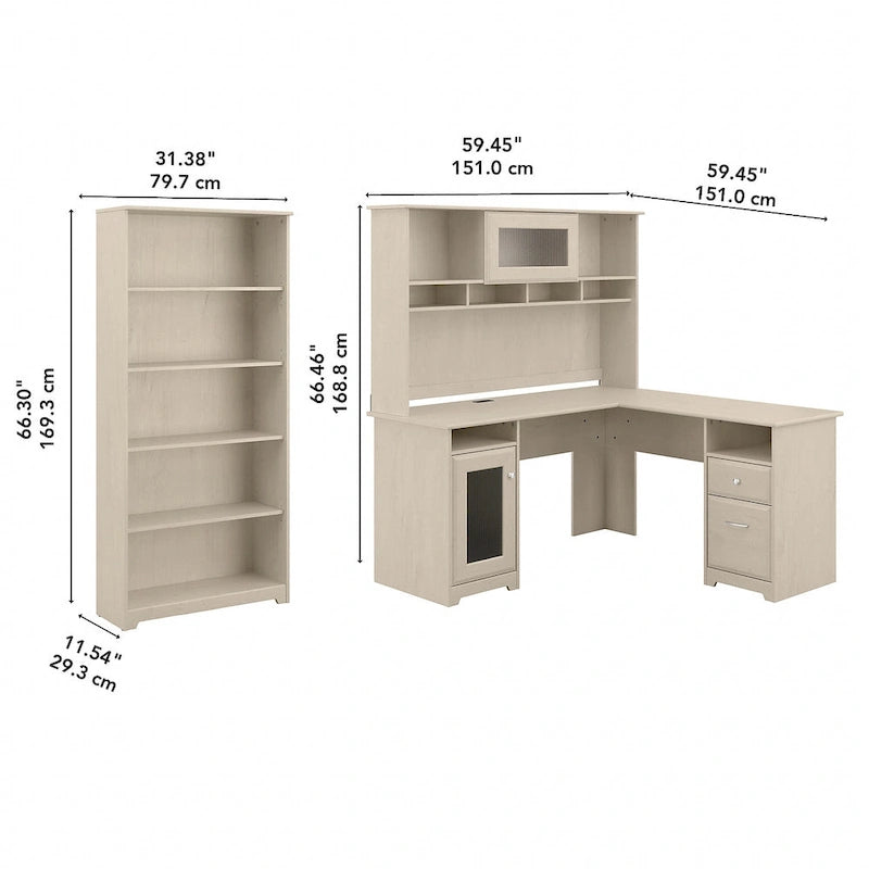 Bureau d'angle informatique 60W avec huche et bibliothèque