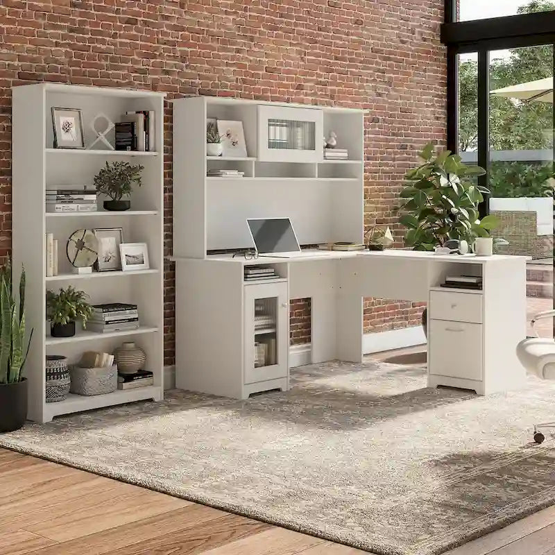 Bureau d'angle informatique 60W avec huche et bibliothèque