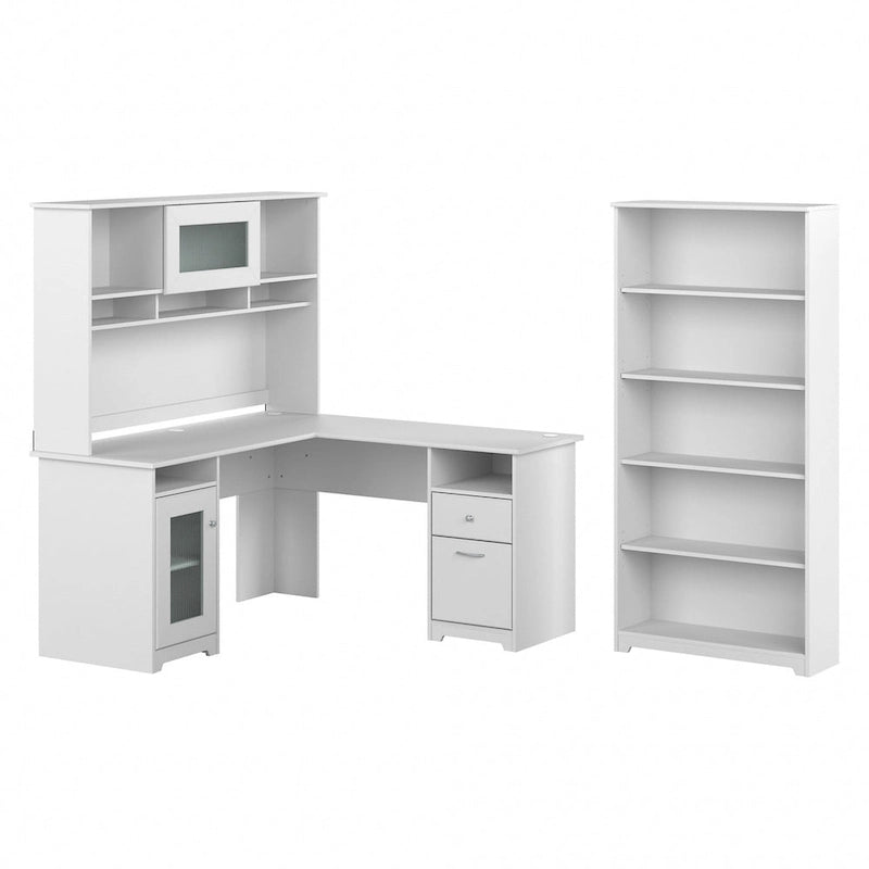 Bureau d'angle informatique 60W avec huche et bibliothèque