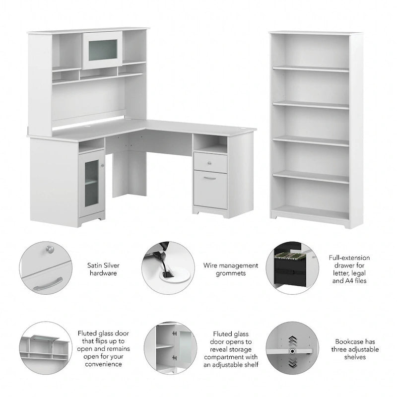 Bureau d'angle informatique 60W avec huche et bibliothèque