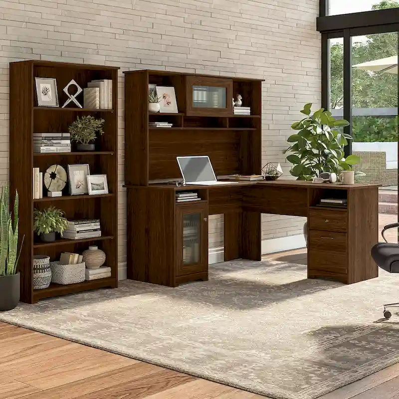 Bureau d'angle informatique 60W avec huche et bibliothèque