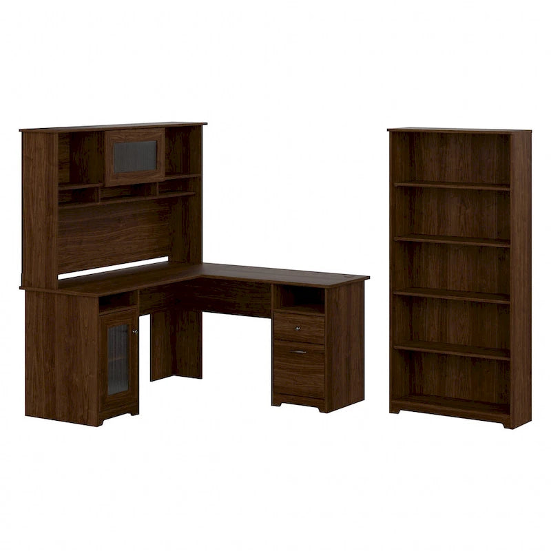 Bureau d'angle informatique 60W avec huche et bibliothèque