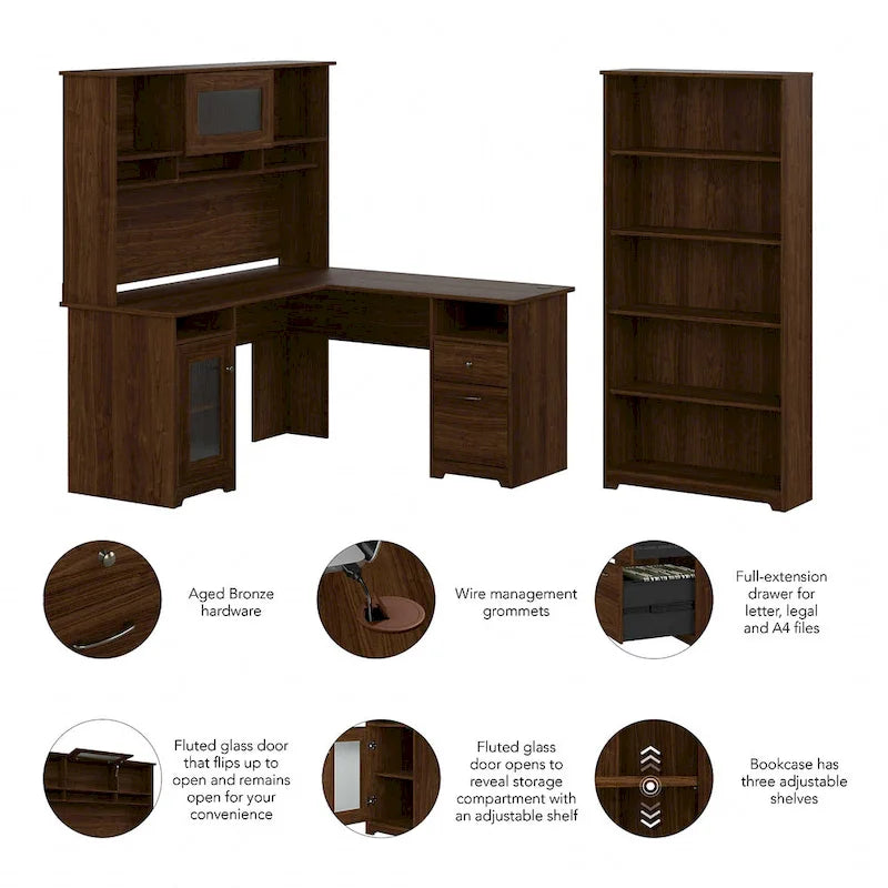 Bureau d'angle informatique 60W avec huche et bibliothèque