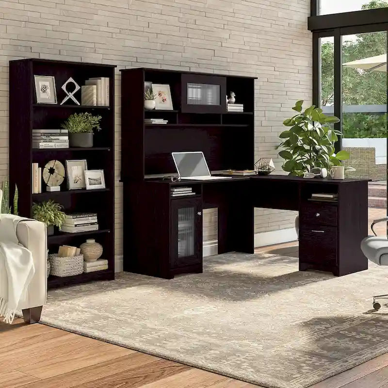 Bureau d'angle informatique 60W avec huche et bibliothèque