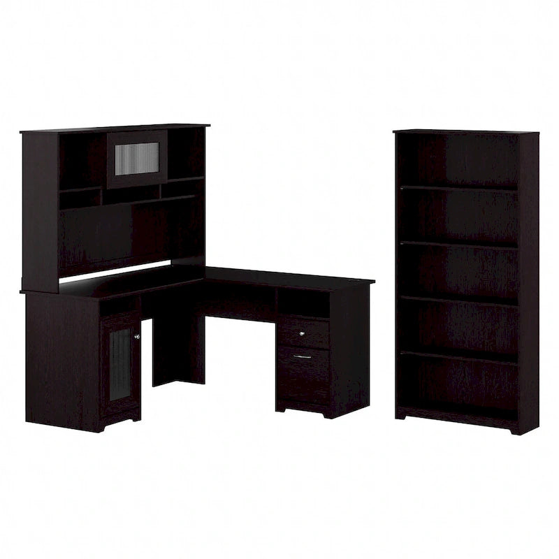 Bureau d'angle informatique 60W avec huche et bibliothèque