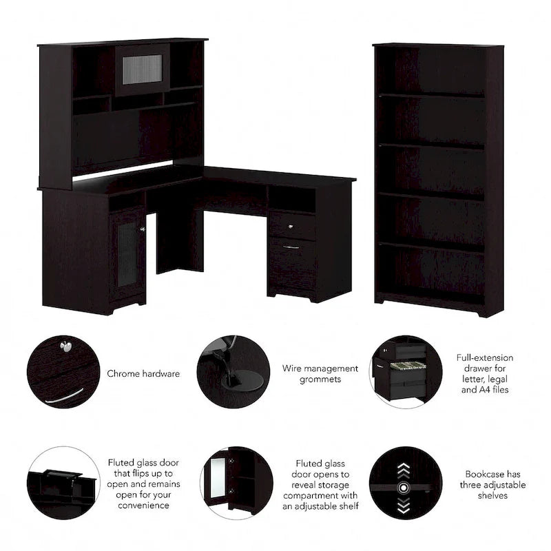 Bureau d'angle informatique 60W avec huche et bibliothèque