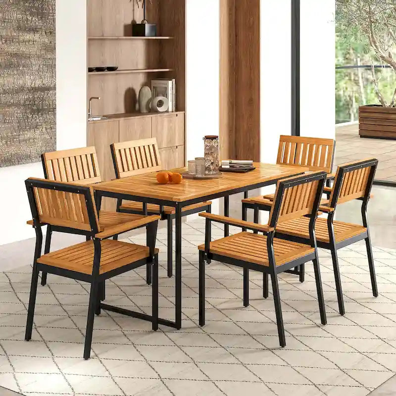 Table à manger d'extérieur en bois d'acacia avec cadre en métal et trou pour parasol