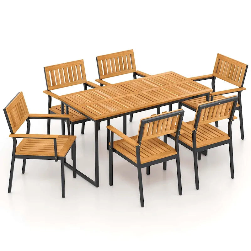 Table à manger d'extérieur en bois d'acacia avec cadre en métal et trou pour parasol