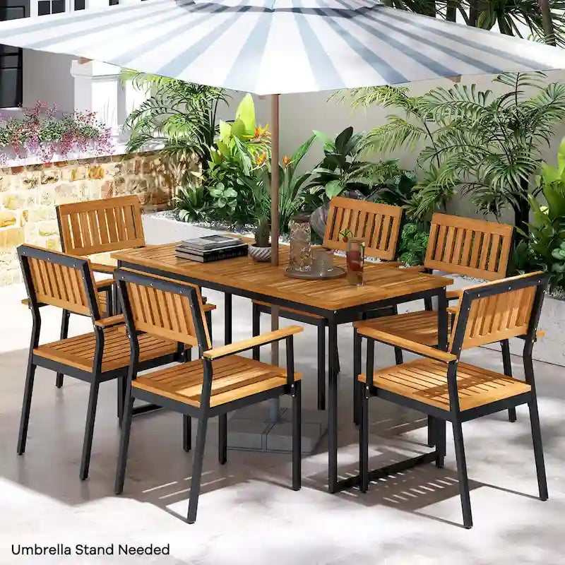 Table à manger d'extérieur en bois d'acacia avec cadre en métal et trou pour parasol