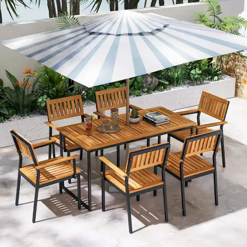 Table à manger d'extérieur en bois d'acacia avec cadre en métal et trou pour parasol