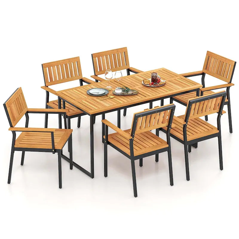 Table à manger d'extérieur en bois d'acacia avec cadre en métal et trou pour parasol
