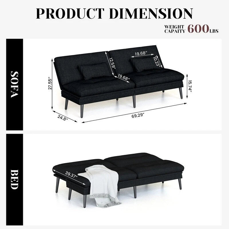 Canapé-lit futon convertible avec dossier réglable sur 5 positions, style moderne, inclinable et lounge