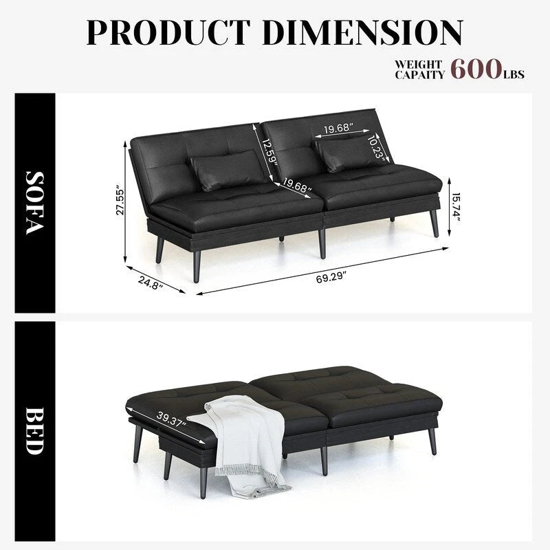 Canapé-lit futon convertible avec dossier réglable sur 5 positions, style moderne, inclinable et lounge