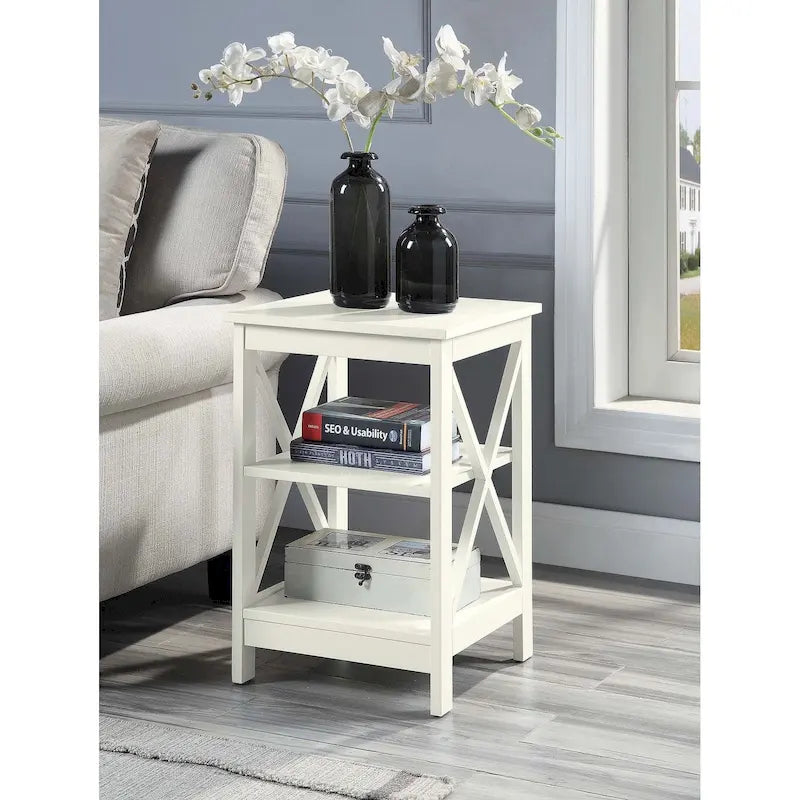 Table d'appoint avec étagères, trois niveaux, concept ouvert, cadre en X