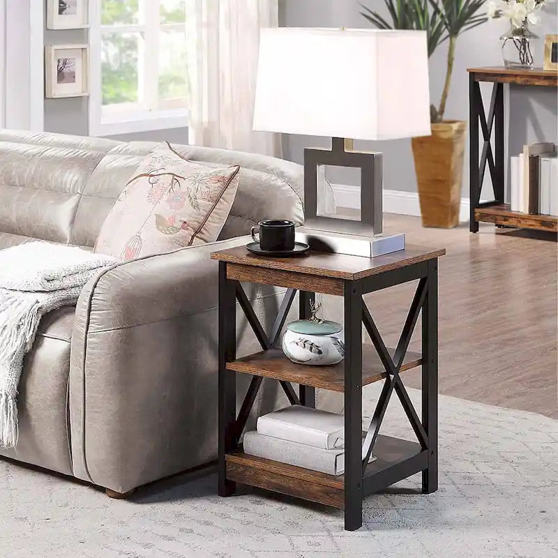 Table d'appoint avec étagères, trois niveaux, concept ouvert, cadre en X