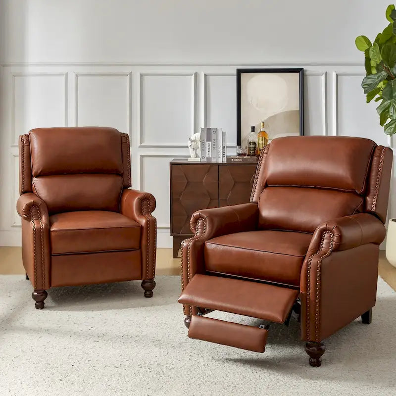 Fauteuil inclinable en cuir véritable Mid-Century Modern avec garniture cloutée