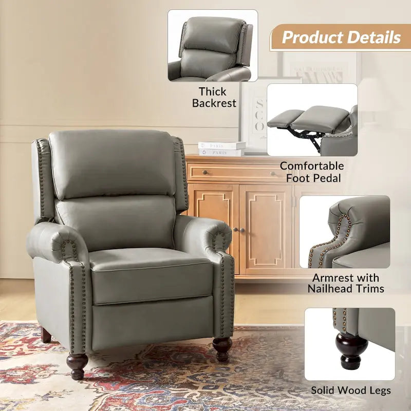 Fauteuil inclinable en cuir véritable Mid-Century Modern avec garniture cloutée