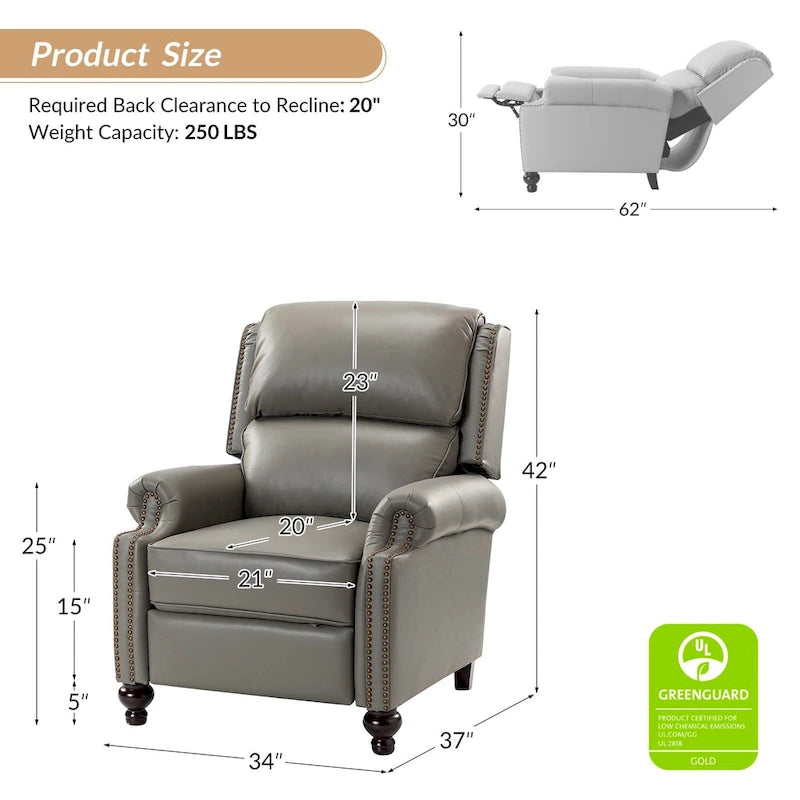 Fauteuil inclinable en cuir véritable Mid-Century Modern avec garniture cloutée