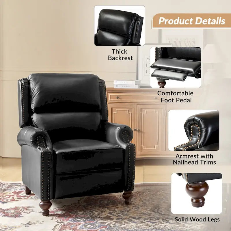 Fauteuil inclinable en cuir véritable Mid-Century Modern avec garniture cloutée