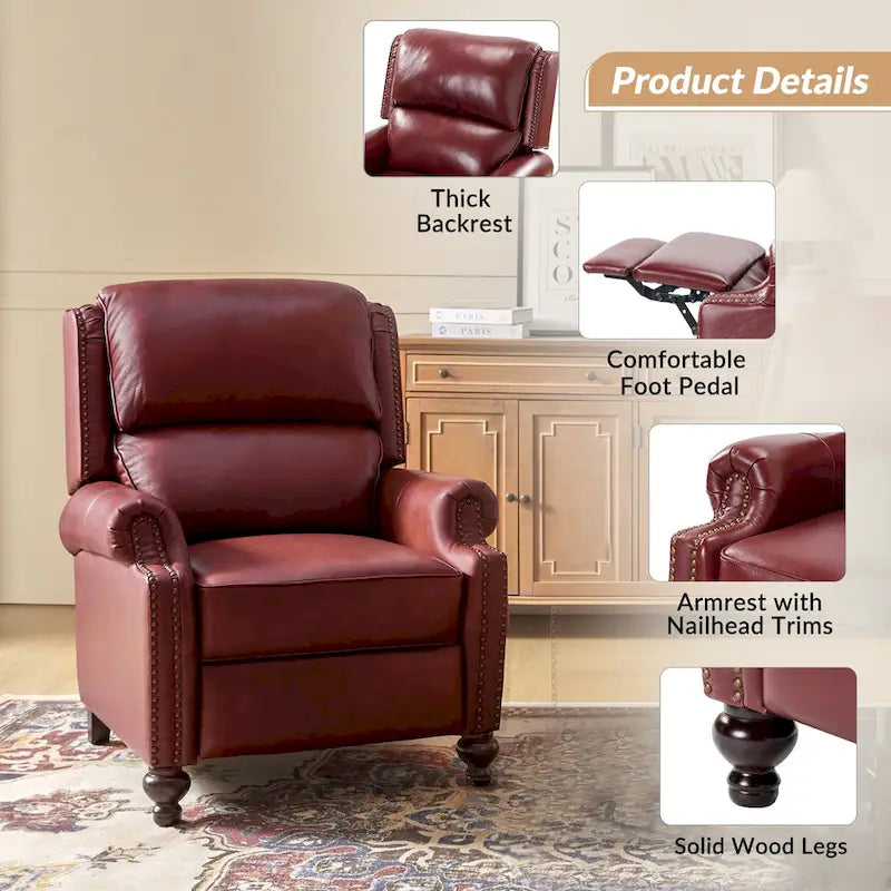 Fauteuil inclinable en cuir véritable Mid-Century Modern avec garniture cloutée
