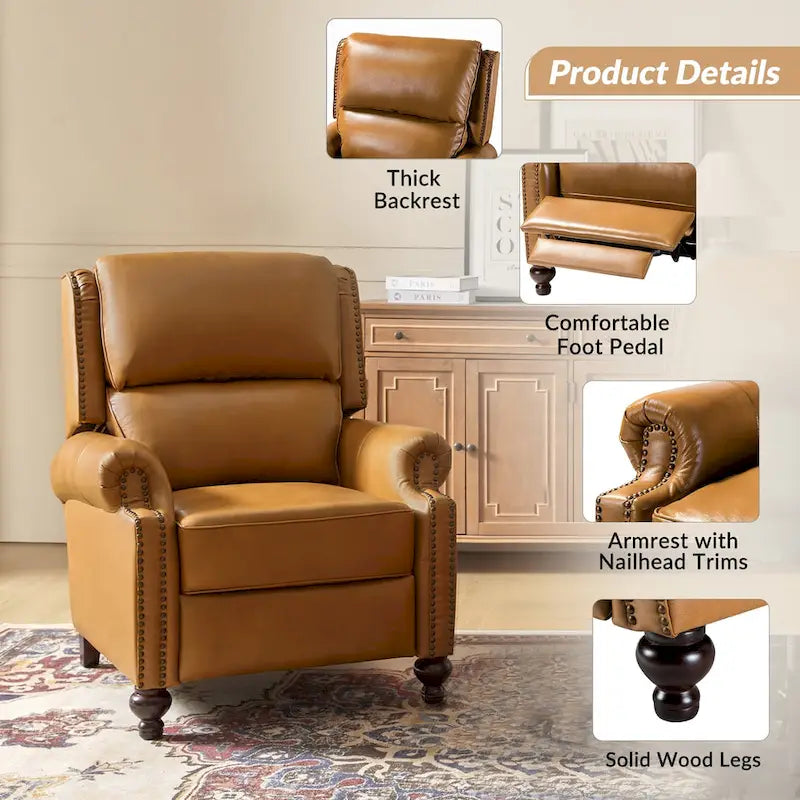 Fauteuil inclinable en cuir véritable Mid-Century Modern avec garniture cloutée
