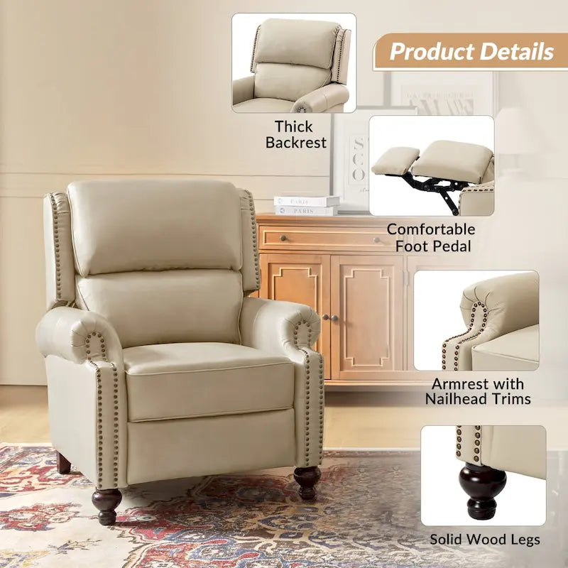 Fauteuil inclinable en cuir véritable Mid-Century Modern avec garniture cloutée