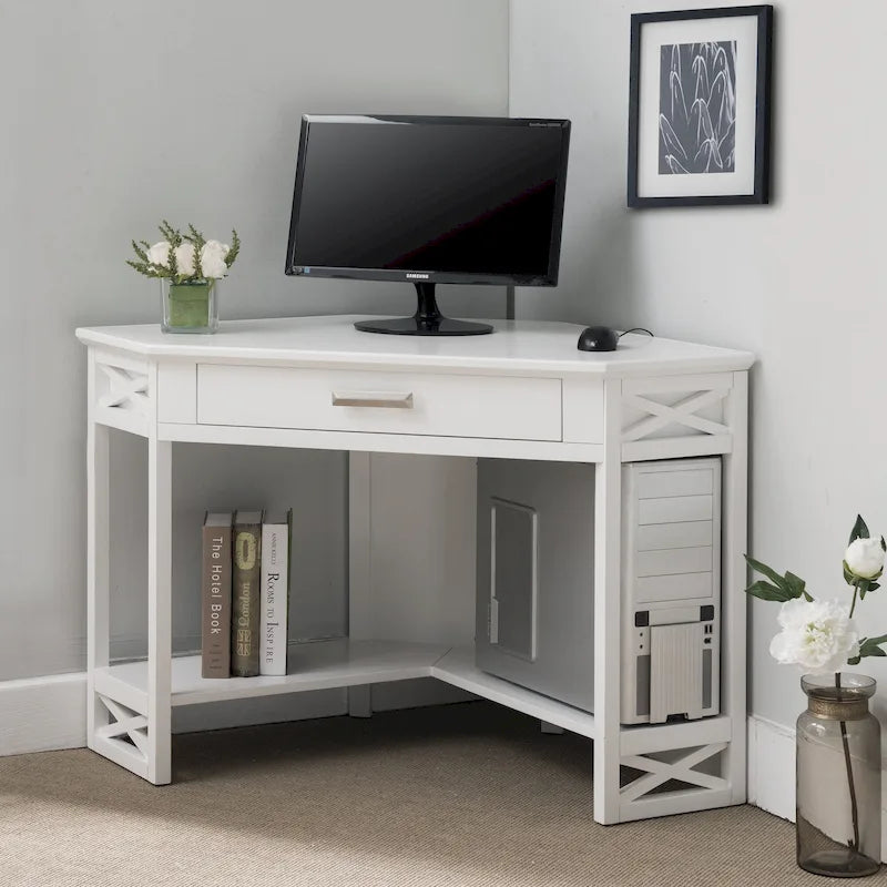 Bureau d'angle en bois massif avec tiroir et étagère de rangement inférieure