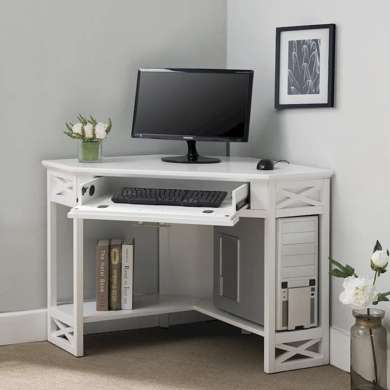 Bureau d'angle en bois massif avec tiroir et étagère de rangement inférieure