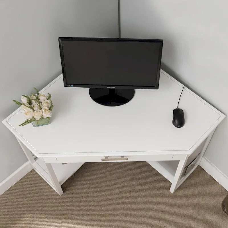 Bureau d'angle en bois massif avec tiroir et étagère de rangement inférieure