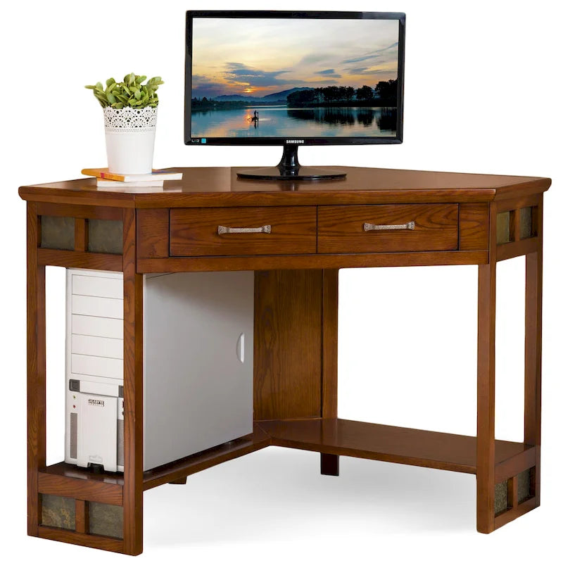 Bureau d'angle en bois massif avec tiroir et étagère de rangement inférieure