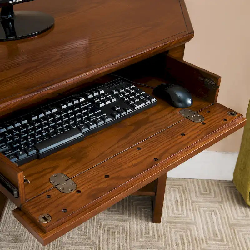 Bureau d'angle en bois massif avec tiroir et étagère de rangement inférieure