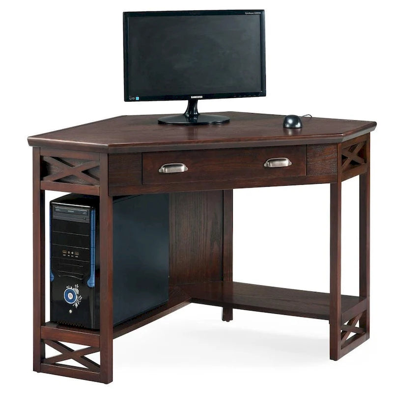 Bureau d'angle en bois massif avec tiroir et étagère de rangement inférieure