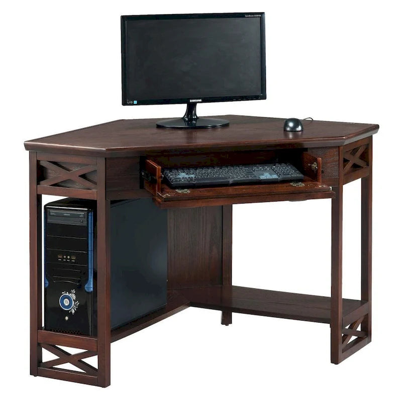 Bureau d'angle en bois massif avec tiroir et étagère de rangement inférieure